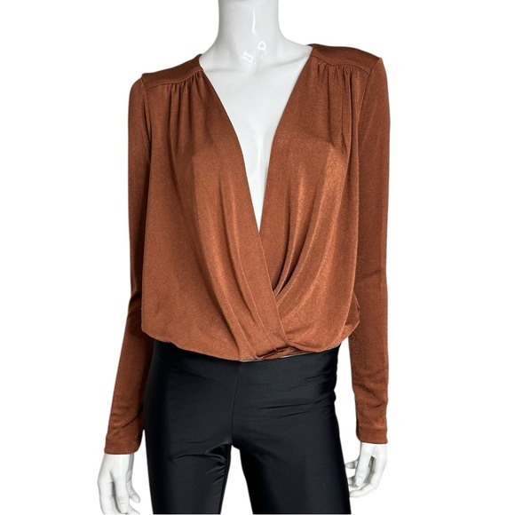 Free People Brown Long Sleeve Plunging V-Neck Wrap Turnt Bodysuit - Picture 5 of 9